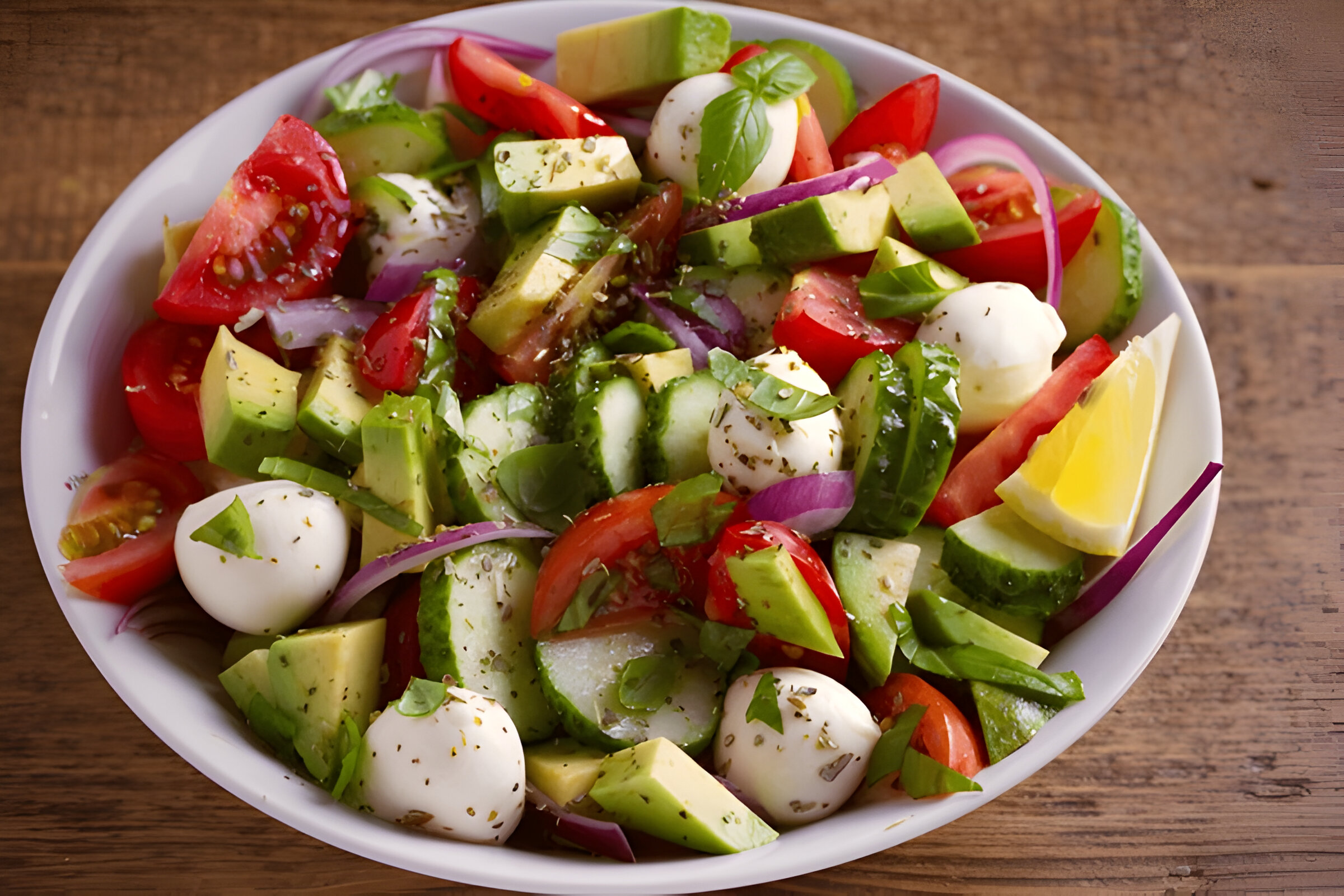 Tomato cucumber avocado mozzarella salad